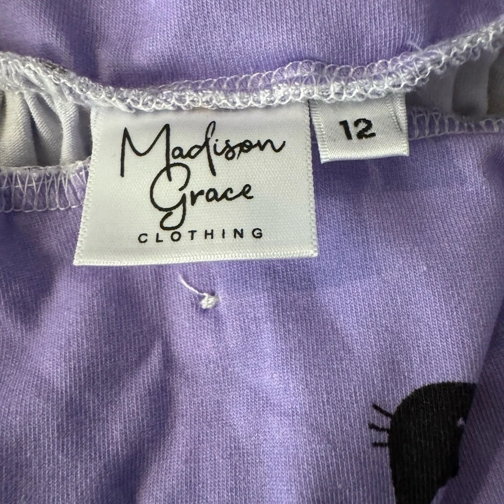 Madison Grace Kids Purple & Black Cat Pattern Ruffle Dress Size 12 - Picture 3 of 8